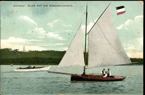 Ak Berlin Köpenick Grünau, Bismarckwarte, Segelboot