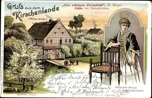 Litho Jork im Alten Land, Kirschenland, Fährhaus Lühe, Blütenpracht, Altländer Braut in Tracht