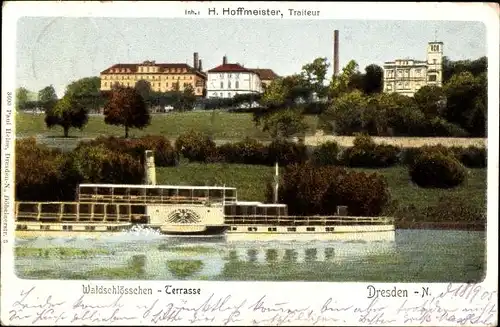 Ak Dresden Neustadt, Waldschlösschen, Terrasse, Salondampfer