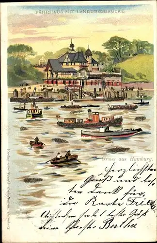 Litho Hamburg Mitte St. Pauli, Neues Fährhaus mit Landungsbrücke