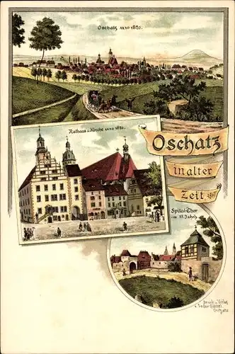 Litho Oschatz in Sachsen, Gesamtansicht, Rathaus, Kirche, Spitaltor