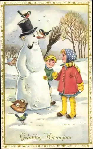 Ak Fröhliches Neujahr, Schneemann, Kinder, Vögel