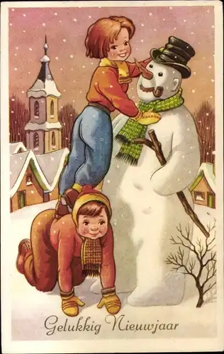 Ak Fröhliches Neujahr, Kinder bauen einen Schneemann