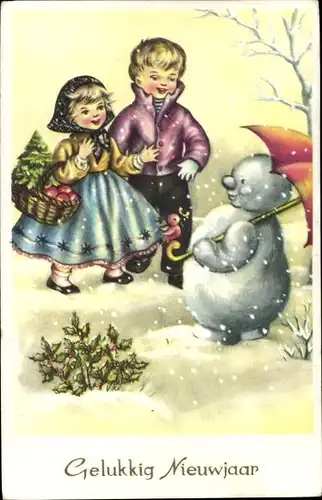 Ak Fröhliches Neujahr, Schneemann mit Schirm, Kinder