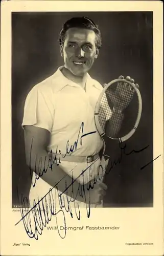 Ak Opernsänger Willi Domgraf Fassbaender, Portrait mit Tennisschläger, Autogramm