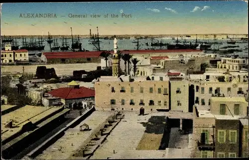 Ak Alexandria Ägypten, General view of the Port, Minarett, Blick auf den Hafen