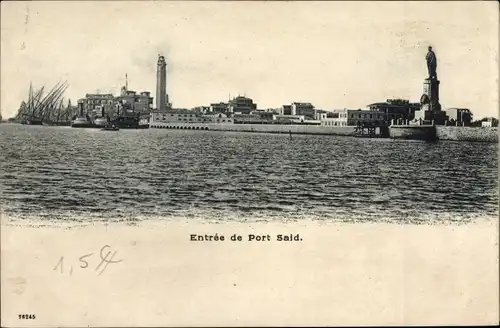 Ak Port Said Ägypten, Hafenbild, Leuchtturm, Statue, Stadt