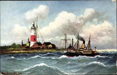 Künstler Ak Leuchtturm an der Kieler Föhrde, Dampfer