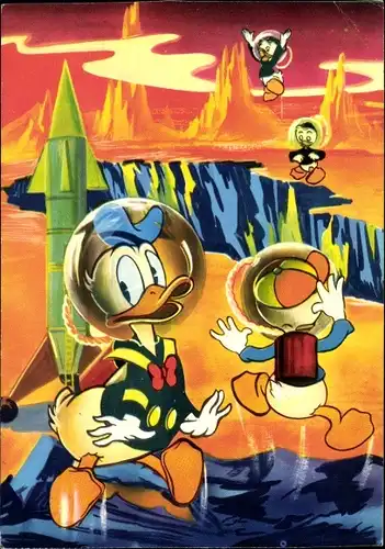 Künstler Ak Walt Disney, Donald Duck, Tick, Trick, Track, Astronauten