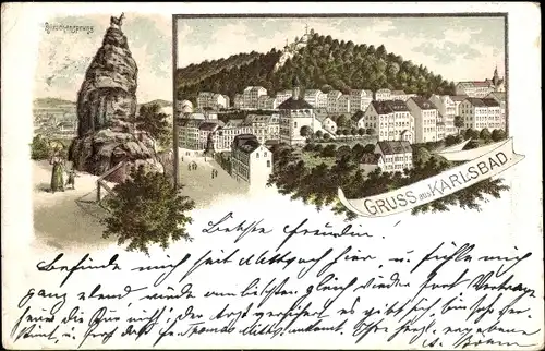 Litho Karlovy Vary Karlsbad Stadt, Gesamtansicht, Hirschensprung