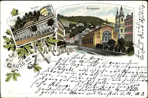 Litho Karlovy Vary Karlsbad Stadt, Felsenquelle, Sprudelkolonnade