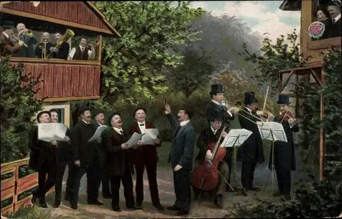 Ak Musizierende Männer, Musikinstrumente, Liebespaar, Orchester