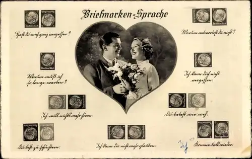Ak Briefmarkensprache, Liebespaar, Kitsch