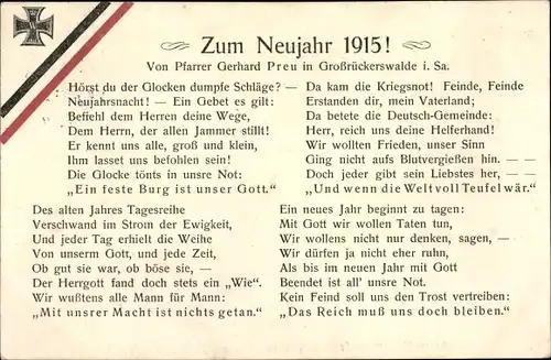Ak Glückwunsch Neujahr 1915, Patriotik, Fahne, Eisernes Kreuz, Pfarrer Gerhard Preu