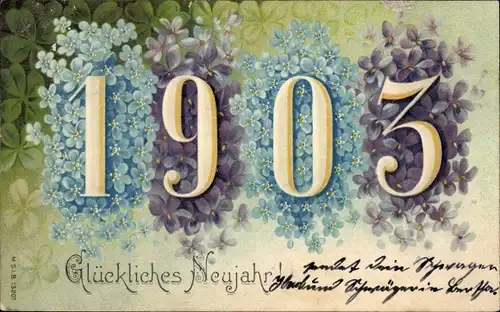 Litho Glückwunsch Neujahr 1903, Vergissmeinnicht, Veilchen
