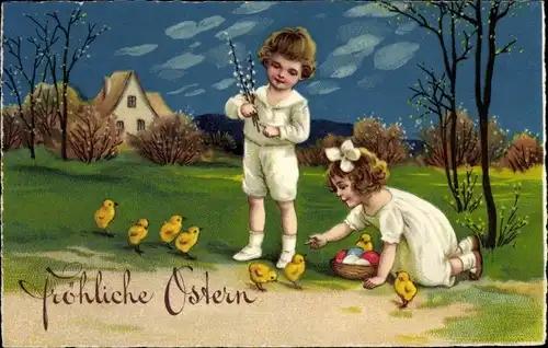 Ak Glückwunsch Ostern, Kinder, Küken, Weidenkätzchen