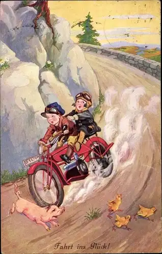 Ak Glückwunsch, Kinder fahren Motorräder, Küken, Schwein