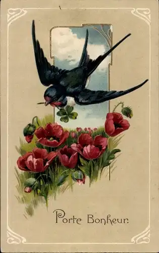 Präge Ak Schwalbe mit Glücksklee im Schnabel, Blumen