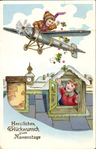 Ak Glückwunsch Namenstag, Flugzeug, Geschenke, Glücksklee