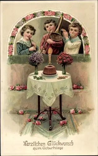 Ak Glückwunsch Geburtstag, Musizierende Kinder, Kuchen, Blumen