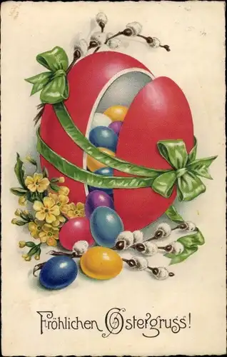 Ak Glückwunsch Ostern, Ostereier, Weidenkätzchen, Blumen