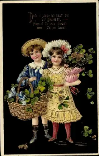 Ak Glückwunsch, Kinder, Korb, Glücksklee, Schleife