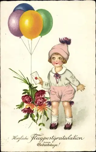 Ak Glückwunsch Geburtstag, Kind, Ballons, Blumen