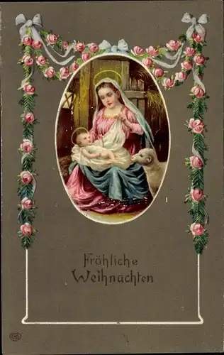 Ak Glückwunsch Weihnachten, Maria mit Jesus, Lamm, Blumen