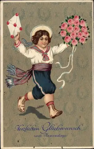 Ak Glückwunsch Namenstag, Kind mit Blumenstrauß, Brief