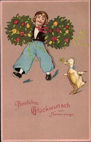 Präge Ak Glückwunsch Namenstag, Kind mit Blumenstrauß, Ente