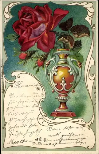 Präge Litho Rosenblüte in einer Blumenvase