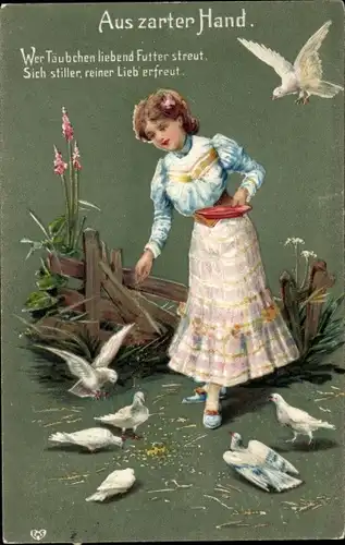 Ak Mädchen füttert Tauben, EAS Verlag