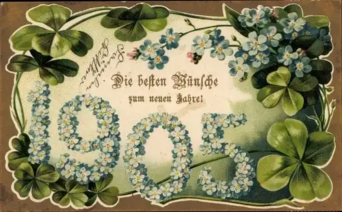 Präge Litho Glückwunsch Neujahr, Jahreszahl 1905, Kleeblätter, Vergissmeinnicht