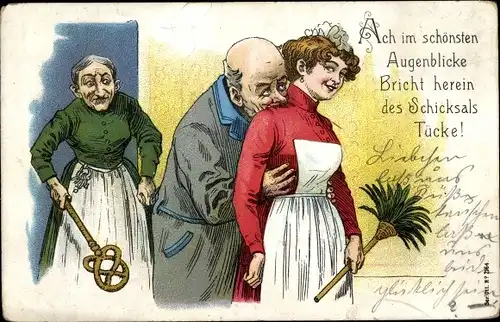 Litho Mann kuschelt mit Dienstmädchen, Verärgerte Ehefrau, Ehehumor