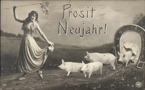 Ak Glückwunsch Neujahr, Frau, Schweine, Hufeisen