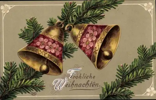 Präge Ak Glückwunsch Weihnachten, Glocken, Tannenzweige