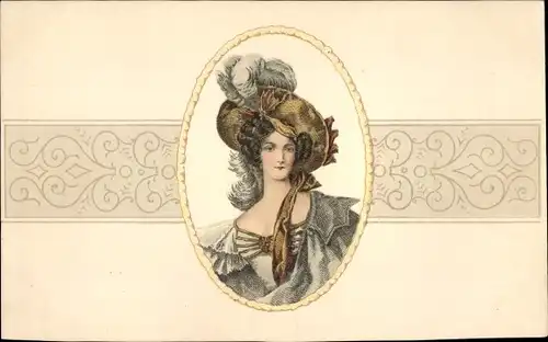 Litho Portrait einer noblen Frau, Hut mit Federn, Kleid