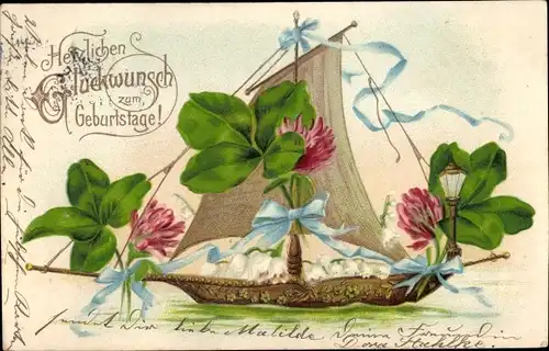 Litho Glückwunsch Geburtstag, Glücksklee, Segelboot, Maiglöckchen