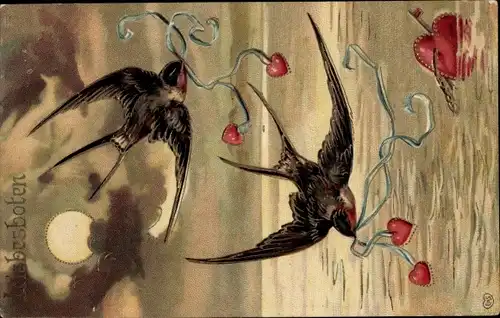 Mondschein Ak Schwalben, Herzen, Schwalben-Post