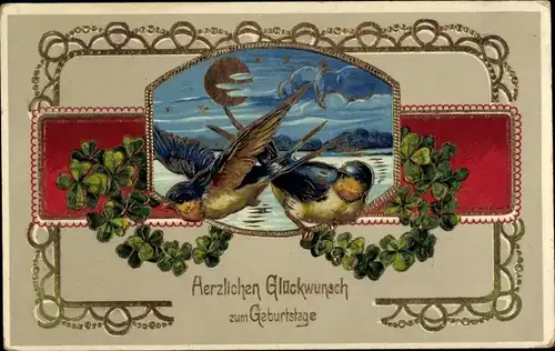 Präge Ak Glückwunsch Geburtstag, Vögel, Glücksklee, Mond