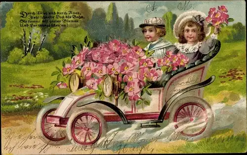 Ak Kinder im Automobil, Blumen, Kitsch, Glückwunsch