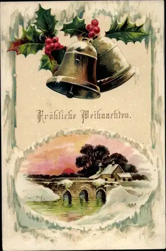 Präge Ak Glückwunsch Weihnachten, Glocken, Stechpalme, Brücke