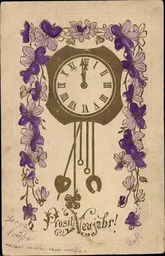 Präge Litho Glückwunsch Neujahr, Uhr, Blumen, Hufeisen, Glücksklee