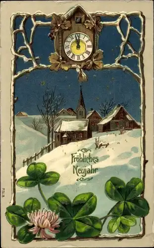 Ak Glückwunsch Neujahr, Uhr, Glücksklee, Kirche