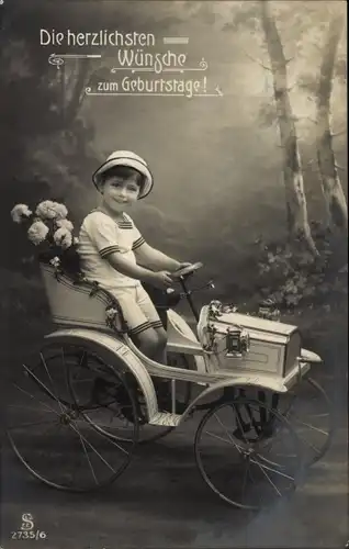 Ak Glückwunsch Geburtstag, Kind, Blumen, Automobil