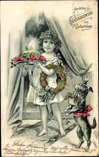 Litho Glückwunsch Geburtstag, Gratulant, Kuchen, Hund, Blumenkranz