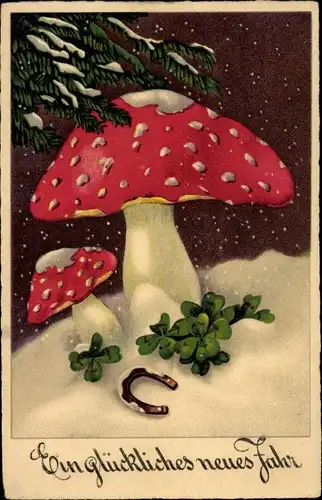 Präge Ak Glückwunsch Neujahr, Pilze, Hufeisen, Glücksklee