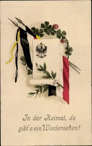 Ak In der Heimat, da gibt es ein Wiedersehen, Fahnen, Wappen, Glücksklee