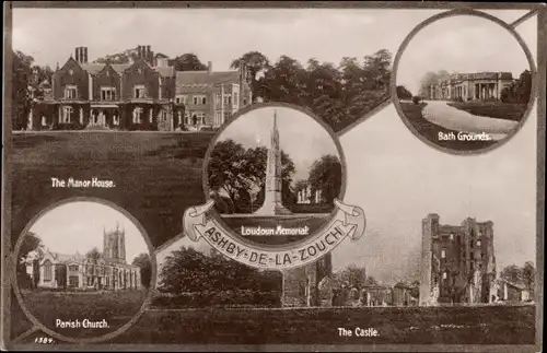 Ak Ashby de la Zouch East Midlands England, Herrenhaus, Schloss, Kirche, Badegelände
