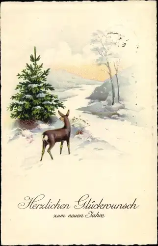 Ak Glückwunsch Neujahr, Winterlandschaft mit Reh und Tannenbaum
